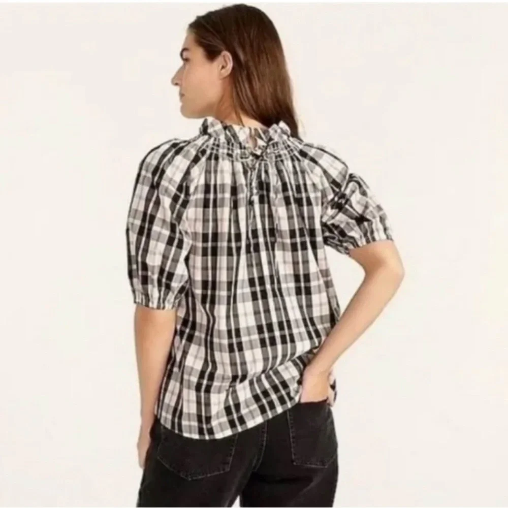 J.Crew Plaid Puff Sleeve Peasant Top Smocked Neck Cotton Blouse
